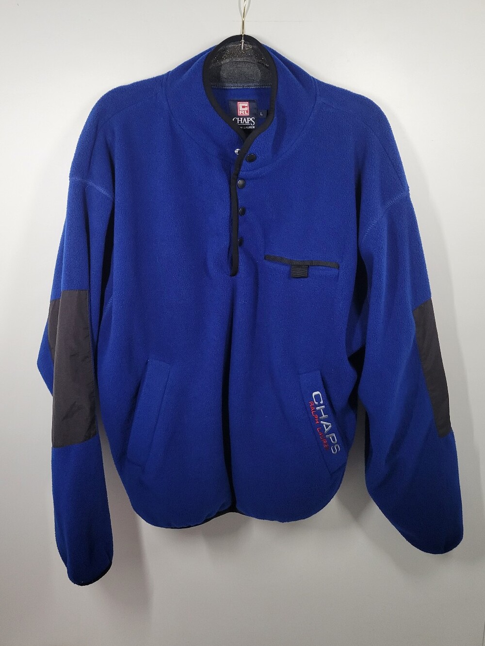 Vtg 90's Chaps Ralph Lauren Blue Spellout 1/4 Button Fleece Pullover Men Size L